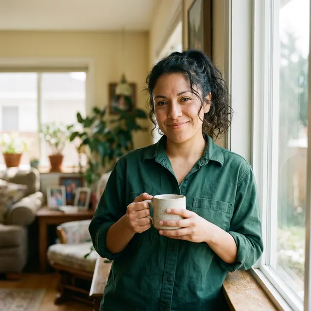 Elena Navarro holding a coffee mug in a sunny living room, wearing a dark green work shirt