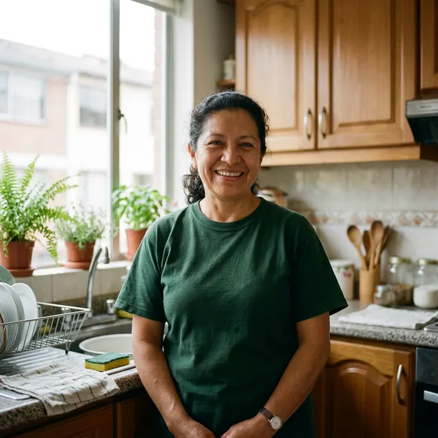 Rosa Herrera smiling in a bright kitchen, wearing a dark green work shirt