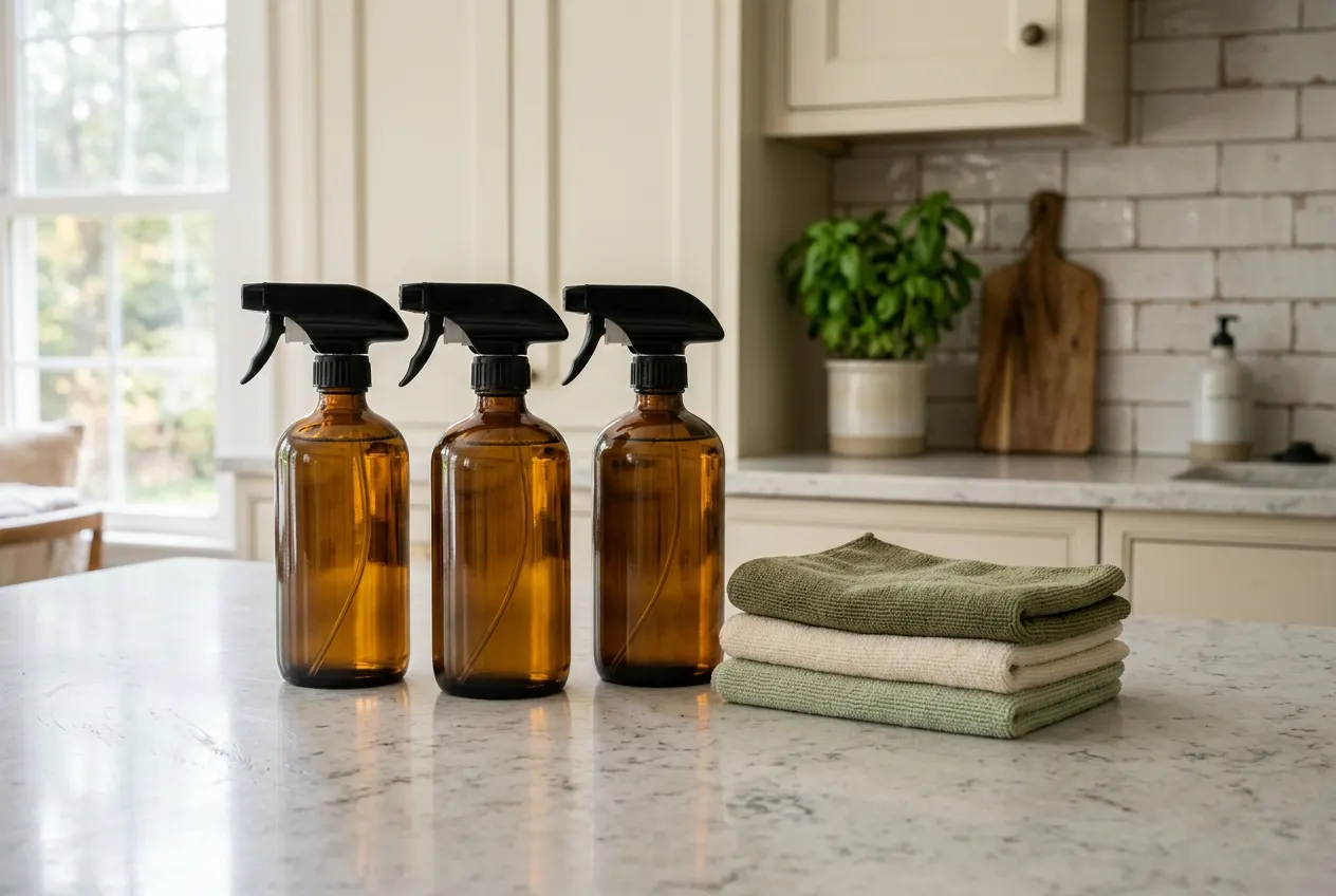 Plain spray bottles and folded microfiber cloths on a kitchen counter