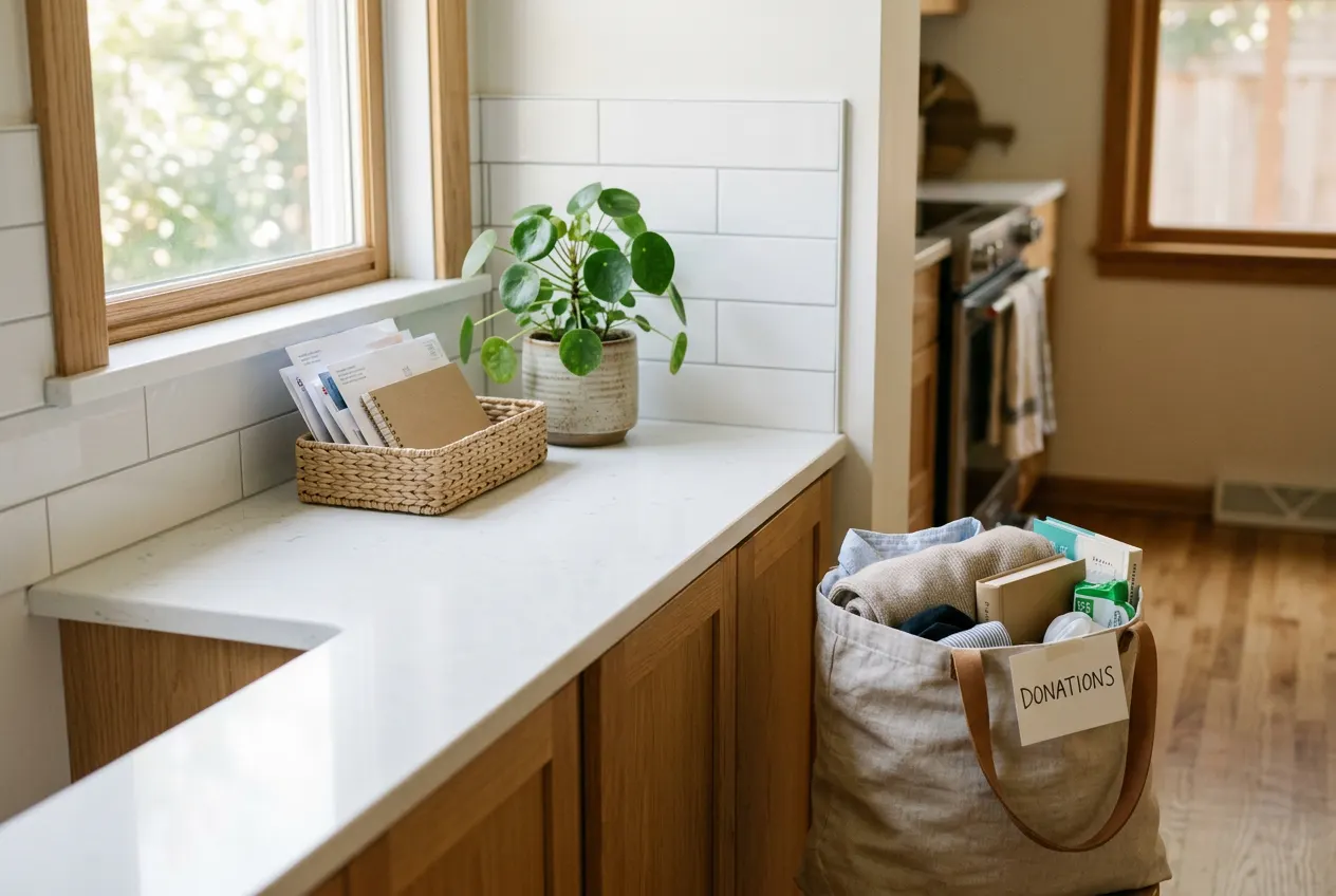 Clear kitchen counter with a mail tray, plant, and a donation bag nearby