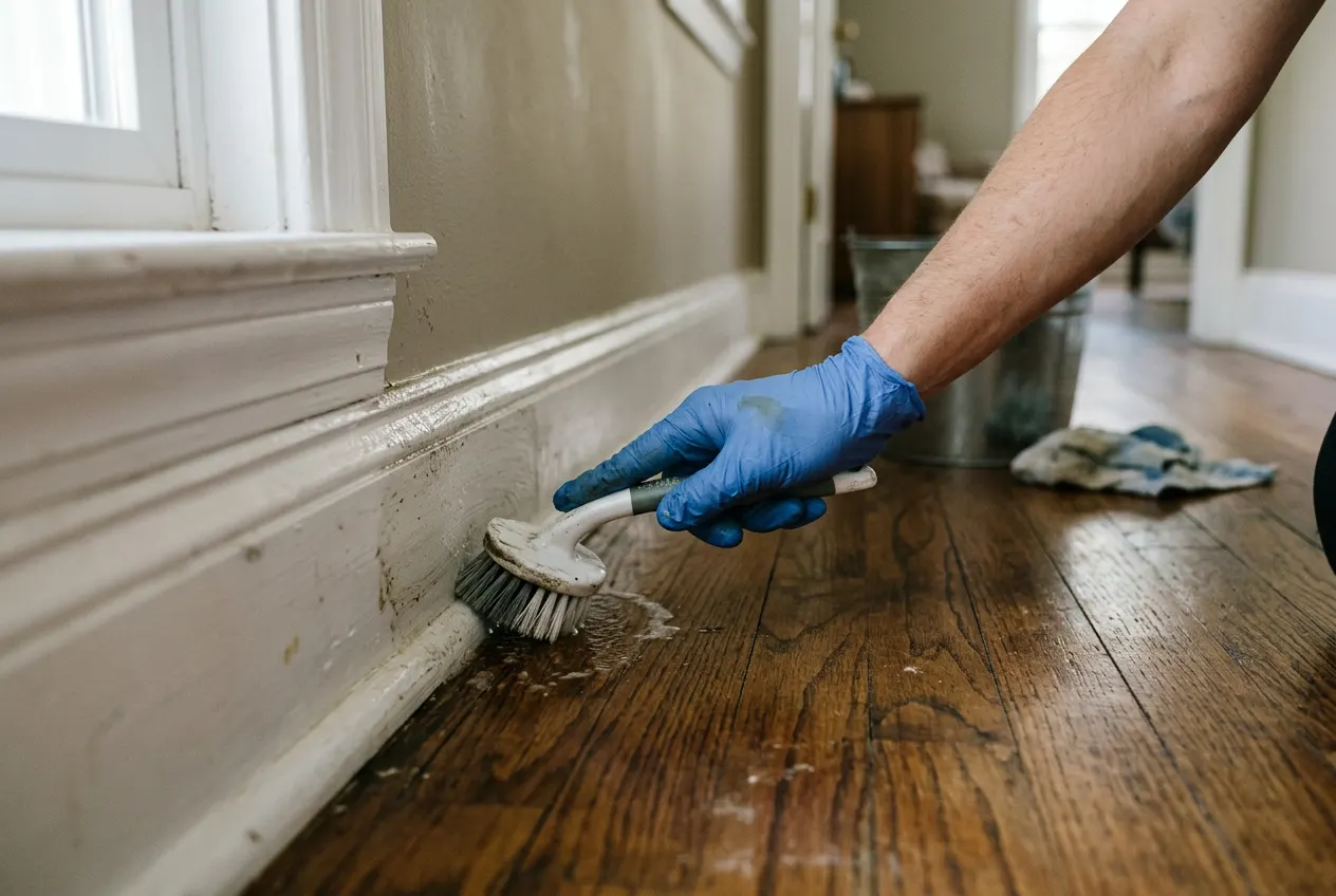 Gloved hand scrubbing a white baseboard with a small brush