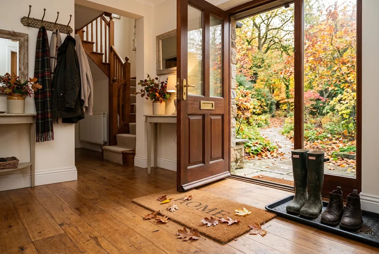 Front entryway with a doormat, fallen leaves, and rain boots on a tray
