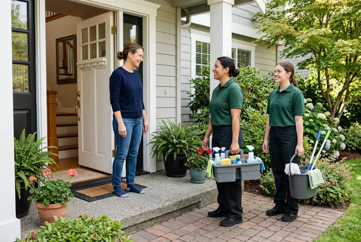 Homeowner greeting two house cleaners with a supply caddy at the front door