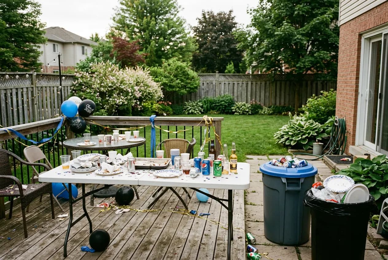 Backyard patio table with leftover plates and balloons the morning after a party