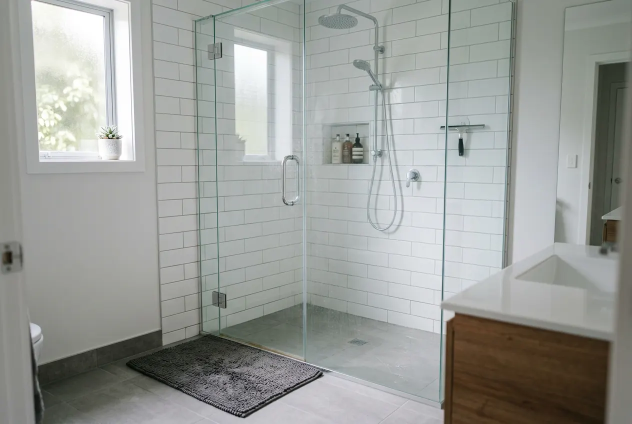 Clean tiled shower with a glass door and a squeegee on the wall
