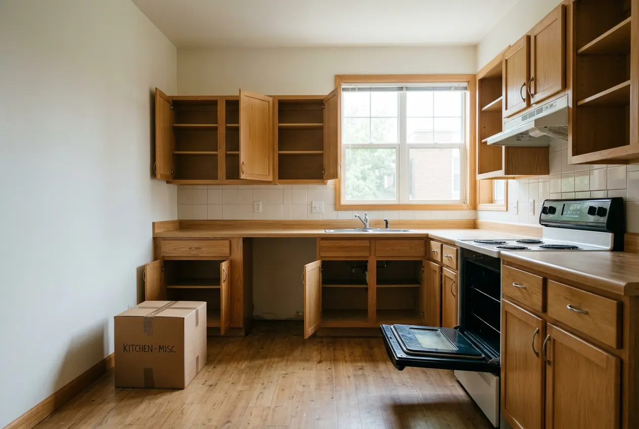 Empty, freshly cleaned apartment kitchen with a moving box on the floor