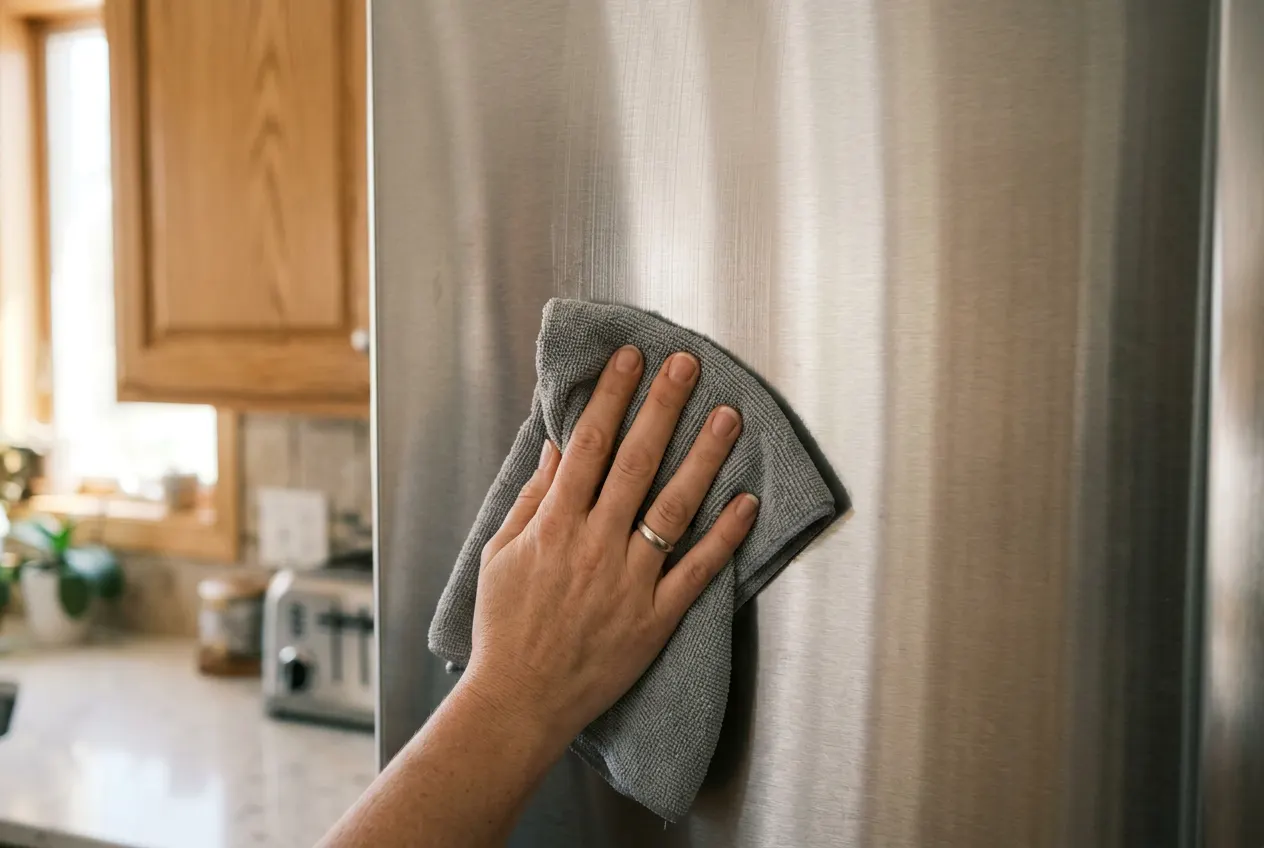Microfiber cloth wiping a stainless steel fridge door along the grain