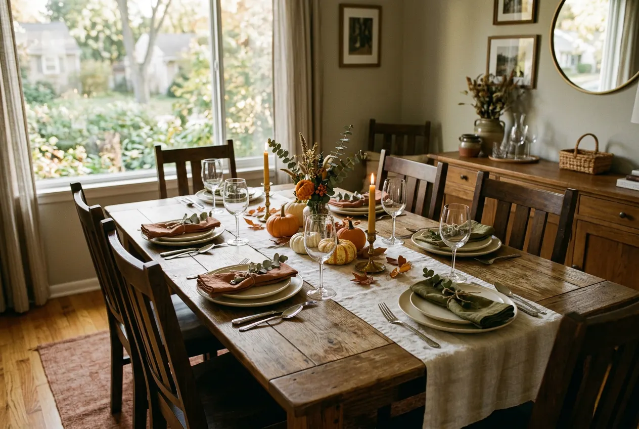 Dining table set for Thanksgiving with a linen runner and small pumpkins
