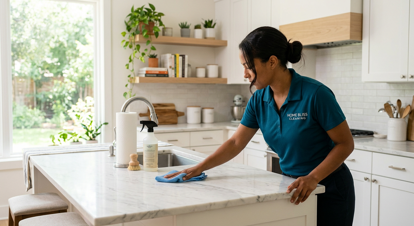 PristineSpark cleaner wiping a marble kitchen countertop