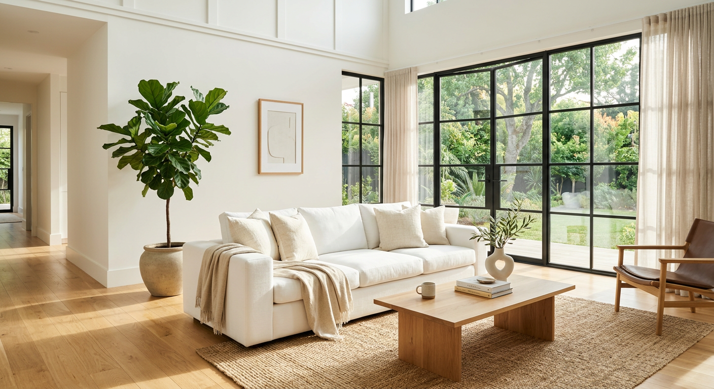Bright, freshly cleaned living room with sunlight on polished oak floors